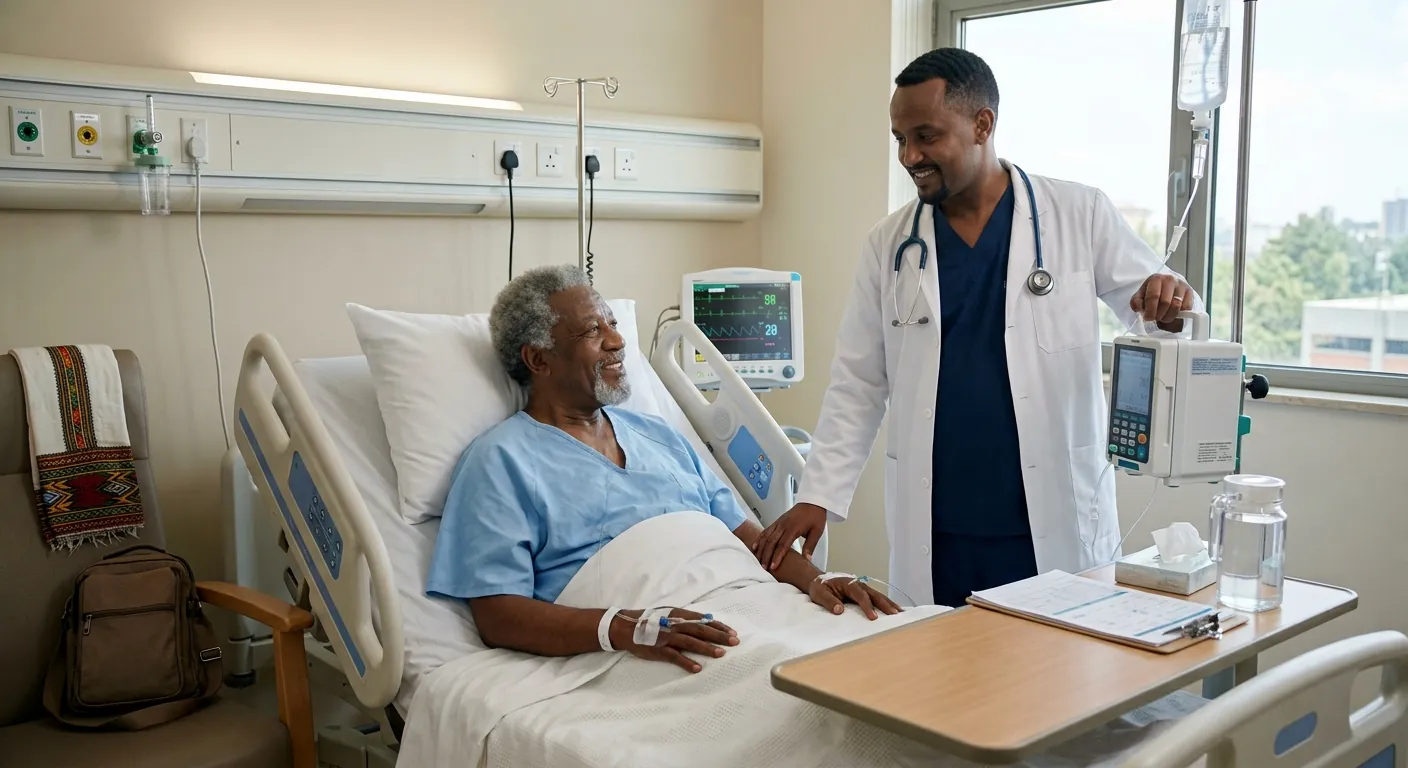 Doctor attending to a patient in a hospital ward